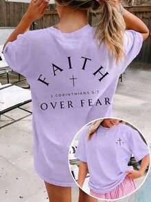 Women's "Faith Over Fear" T-Shirt With Bible Verse, Regular Fit, Christian Inspirational Graphic T-Shirt, Comfortable, Casual Short Sleeve 2026, Round Neck, Faith Clothing For Summer - 紫色 - 查看 2