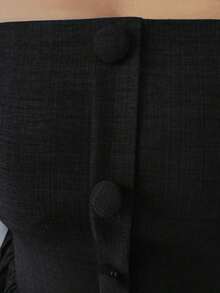 Nuevo vestido largo elegante y versátil para mujeres con textura de tiras y tejido bicolor ajustado para uso diario - Negro - Ver 5