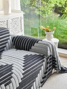 1pc Soft Chenille Striped Jacquard Sofa Blanket, Geometric Pattern, Minimalist Beige Style, All-Season Furniture Cover, Sofa Cover, Non-Slip, Dust-Proof, Wrinkle-Resistant, Wear-Resistant, Anti-Scratch Sofa Protector, Suitable For 1-4 Seater And L-Shaped Sofas - Dark Grey - View 9