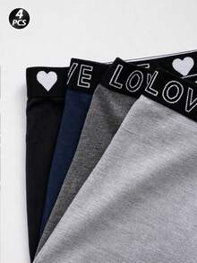4pcs/Pack Women's Heart Print High Elasticity Boyshort Panties, Elastic Waist Briefs, Multi-Color - Multicolor - View 9