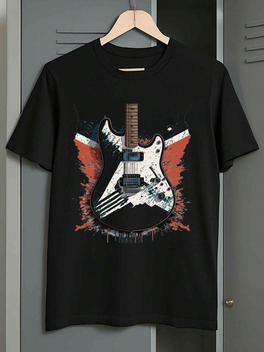 Camiseta de Guitarra Eléctrica para Hombre con Diseño Artístico Splash - Camiseta Musical Casual de 100% Algodón de 180gsm con Gráfico de Banda de Rock, Camiseta de Manga Corta y Cuello Redondo para Guitarristas, Regalo para el Día del Padre para Papá, Esposo, Músicos (Negro/Blanco/Rojo) - Ajuste para Todas las Estaciones - Negro - Ver 1