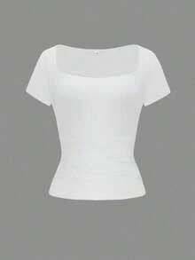 y sexy de punto para mujer Vaiaye, camiseta casual de cuello cuadrado de unicolor, blanco para primavera/verano - Blanco - Ver 3