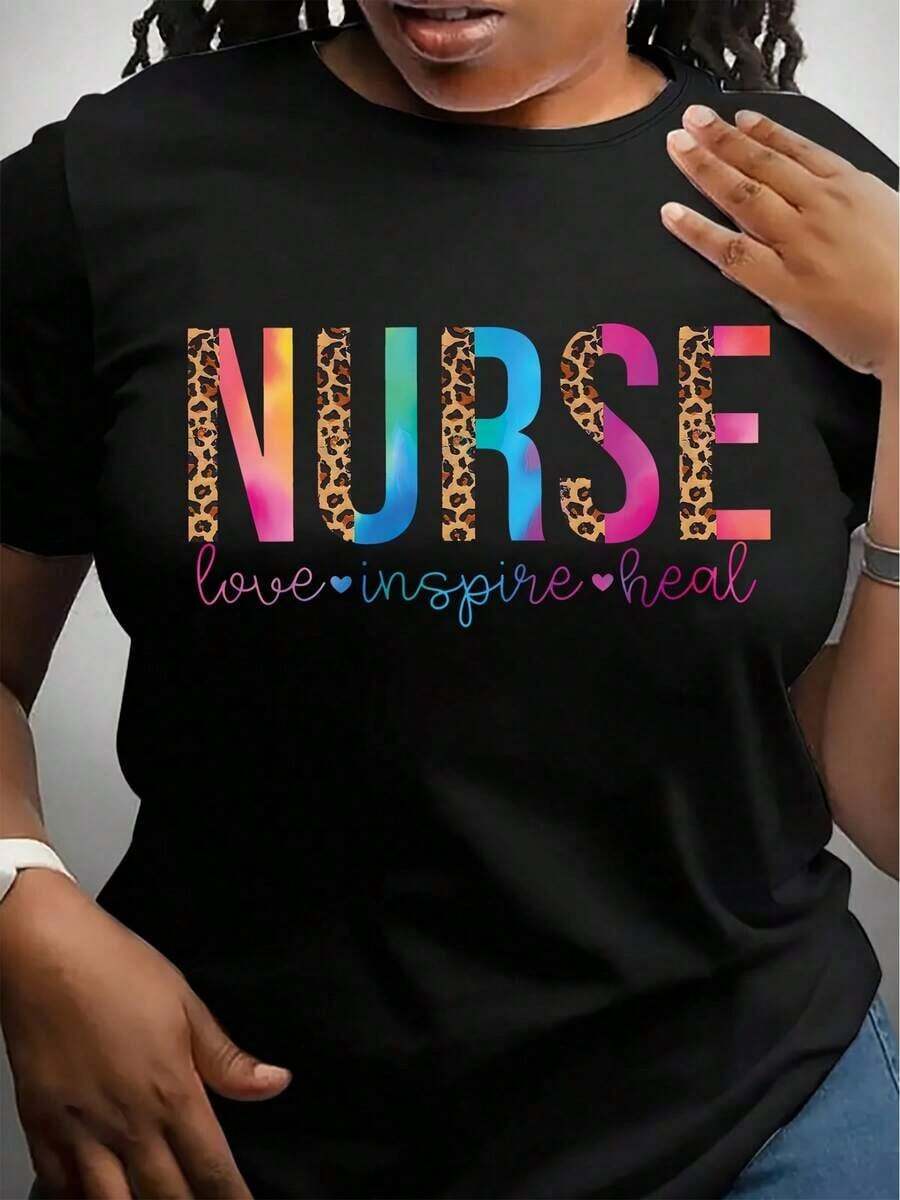 Women's Short-Sleeved Summer Set With Nursing Print, Round Neck T-Shirt, Simple And Elegant. - 黑色 - 查看 1