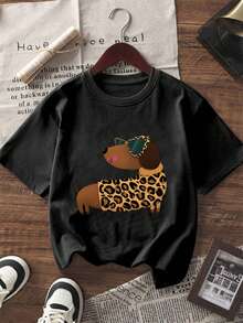 Nueva blusa de verano con estampado de cara de leopardo vintage, cuello redondo, teñido anudado y manga corta.Elegante y versátil para mujer. - Negro 2 - Ver 3