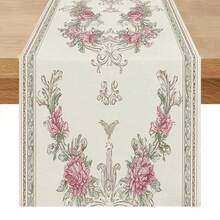 1pc French Vintage Style Polyester Rectangular White Background European Scroll Peony Floral Print Decorative Table Runner, Suitable For Dining Table, Entryway, Wedding, Afternoon Tea, All-Season Home Decor - Multicolor - View 2