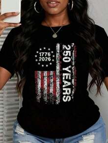 Women's 4th Of July Clothing, Patriotic T-Shirt With American Flag For The 250th Independence Day 2026, White Graphic Print T-Shirt To Celebrate American Freedom, Festive Clothing, Free Shipping. - 黑色 - 查看 2