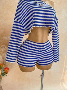 Conjunto de 2 piezas de top de manga larga con hombro asimétrico y degradado y shorts de moda para mujer - Multicolor 7 - Ver 9
