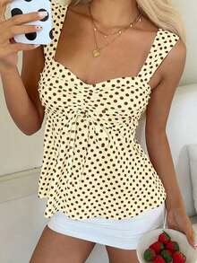Nueva Colección Primavera/Verano 2026 para Mujer: Blusa/Top sin Mangas con Volantes y Cordón Ajustable, Estampado de Lunares Marrones, Estilo Casual y Versátil, Top de Verano - Amarillo - Ver 6