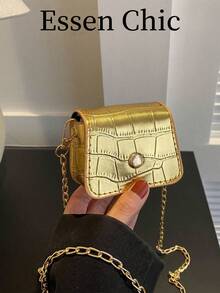Mini Metallic Crocodile Embossed Flap Chain Square Bag, Animal Print Women Bag - Gold - View 7