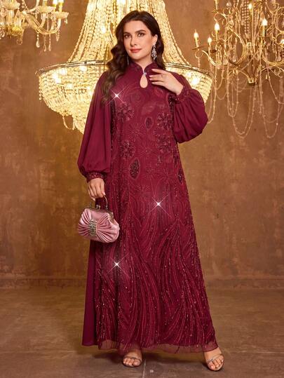  SUPGIR [Họa tiết ngẫu nhiên] Đầm dạ hội dài tay hai mặt có thắt lưng đính sequin phối màu dành cho nữ cỡ lớn