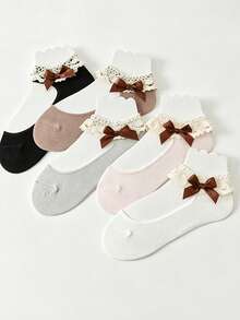 Chọn ngẫu nhiên 1/3 đôi tất ren mỏng kiểu ballet mùa hè & xuân dành cho nữ, tất ren xếp nếp nơ kiểu Nhật Bản nữ tính cổ thấp. - Nhiều màu - Xem 1