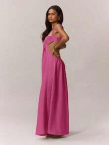 Mono con busto fruncido y pernera extra ancha para vacaciones de verano, estilo bohemio, para usar en bodas, citas, fiestas de primavera y eventos elegantes - Rosa - Ver 2