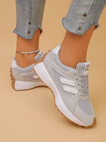 Women's Platform Sneakers With Geometric Pattern, Preppy Style, Suitable For Spring And Autumn - Grey - View 5