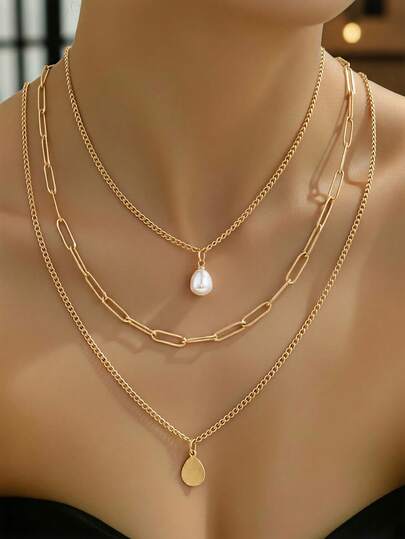 1 chiếc vòng cổ nữ bằng thép không gỉ, vòng cổ choker nhiều lớp với mặt dây chuyền hình giọt nước ngọc trai Baroque, dây chuyền kim loại + chi tiết ngọc trai không đều, phong cách tối giản Âu Mỹ, màu vàng, thích hợp cho đeo hàng ngày, đi làm, hẹn hò, thường ngày, ngày lễ, quà tặng Ngày Valentine/Giáng sinh.