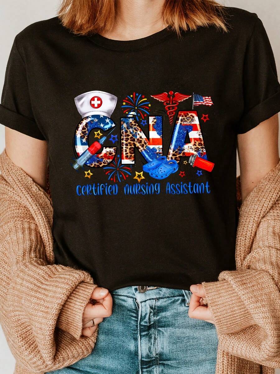 Women's T-Shirt For Certified Nursing Assistants (CNA) - Short Sleeve Crew Neck With CNA Lettering, Healthcare Professional Clothing, Machine Washable Casual T-Shirt For Nursing Assistants, Professional Garment For Year-Round Wear - 黑色 - 查看 1