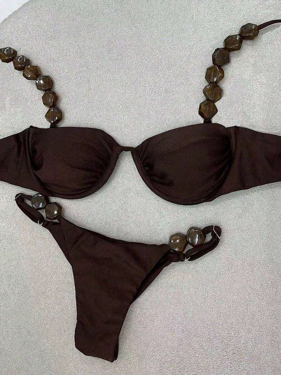 Polovedo Official New Arrival Solid Bikini Swimsuit, Beach Holiday Party Date Vacation Summer - Màu Khaki - Xem 1