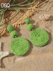 1 Đôi bông tai hình tròn kép hình học làm thủ công từ sợi raffia, kiểu dáng thời trang ngọt ngào, thanh lịch và đa năng dành cho nữ, phù hợp làm phụ kiện cho trang phục đi biển, du lịch (Làm thủ công bằng sợi raffia, hình dạng và hướng ngẫu nhiên) - màu xanh đậm - Xem 2
