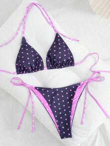 Swim Mod Women's New Solid Color Triangle Cup Bikini Set, Sexy Tie-Up Two Pieces Swimsuit For Summer Beach Vacation - 紫色 - 查看 3
