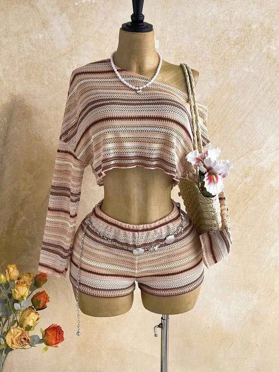 Conjunto informal de 2 piezas de top corto con cuello irregular y borde de lechuga, y shorts, en unicolor, para vacaciones, primavera/verano - Multicolor 6 - Ver 1