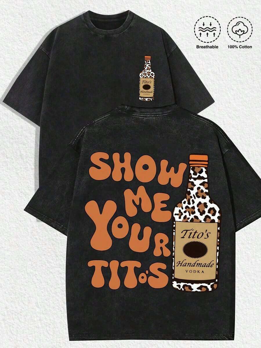 1pc, 2026 Summer, Small Tito's Vodka Bottle Graphic (Leopard - Print), Back "SHOW ME YOUR TITOS" Lettering (Retro - Style Font) & Large Tito's Vodka Bottle Graphic (Leopard - Print), 100% Cotton Breathable Apparel Suitable For Men, Women, Vodka Enthusiasts, Streetwear Lovers, Edgy Fashion Aficionados, Party - Goers, Perfect For Casual Daily Wear, Street Style Outings, Parties, Hangouts With Friends, Music Festivals & Urban Fashion Occasions Father's Day - 黑色 - 查看 1