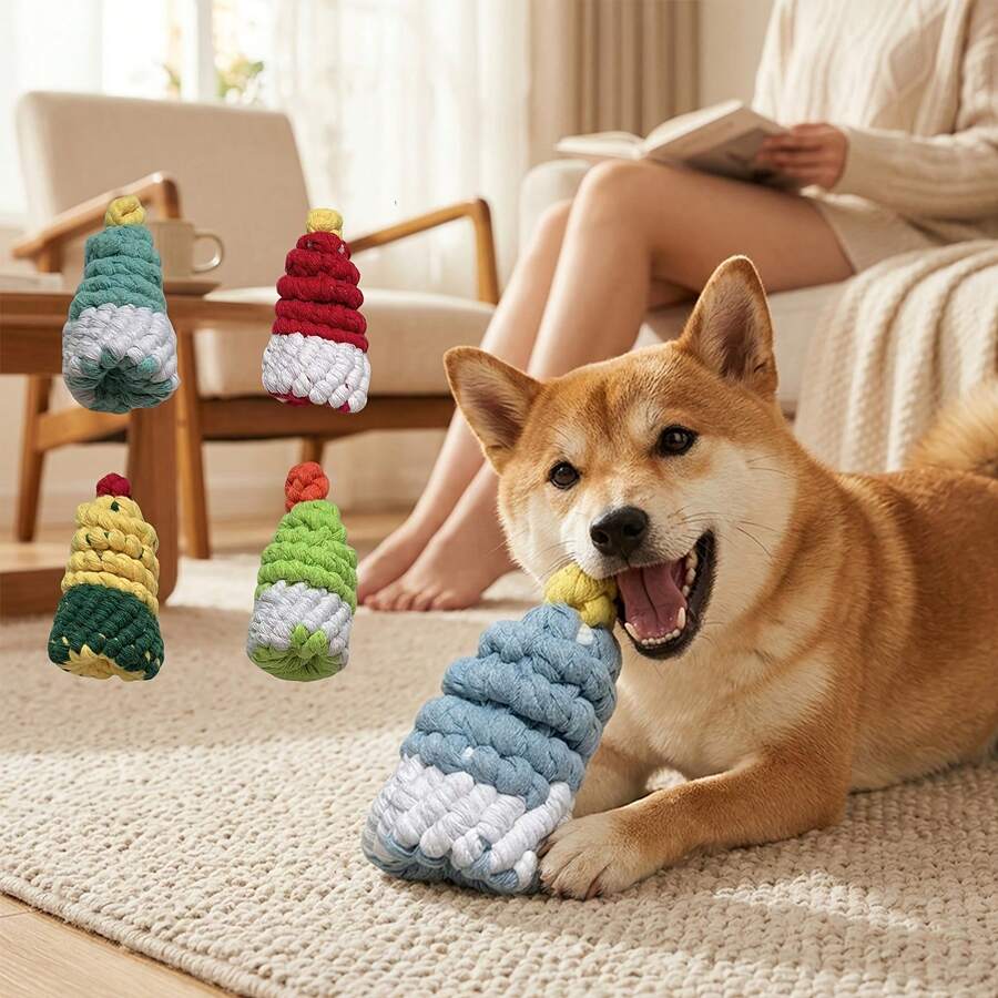 1pc Multi-Color Cake Knot Dog Toy - Pet Chew And Relax Aid - Tangle-Resistant Braided Toy - Cake Shape - Interactive Pulling Training Rope - Suitable For Teddy Poodle And Small Breed Dogs - For Daily Family Companionship - Christmas Pet Supplies - Cartoon Cute Tooth Cleaning Chew Rope - Multicolor - View 1