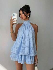 Vestido mini elegante de mujer con cuello halter y lazo en color marrón - Celeste - Ver 6