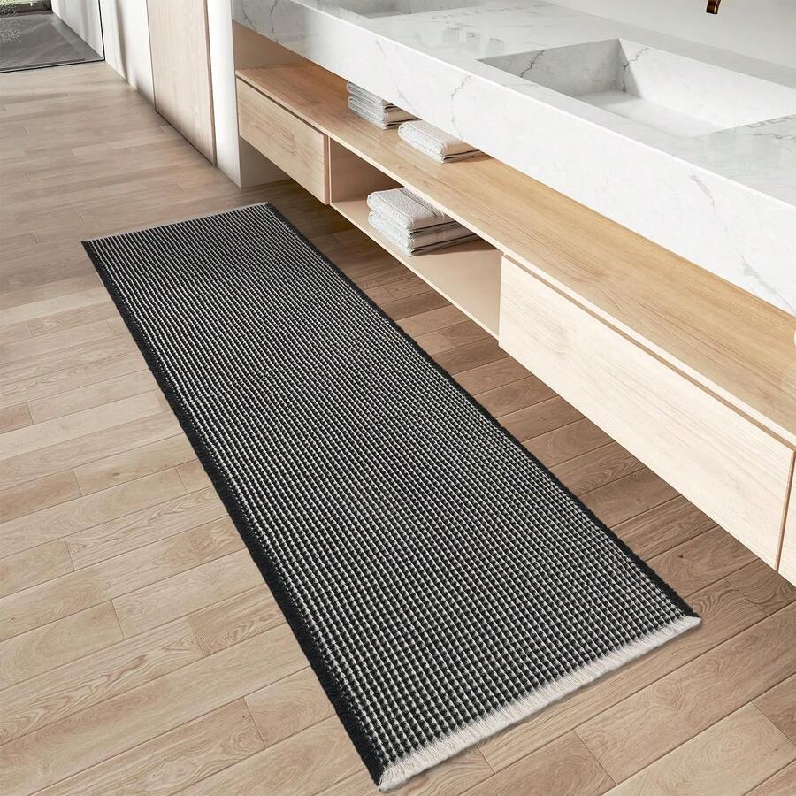 Waffle Bath Mat, Absorbent Non Slip Bathroom Rug With Tassels, Rubber Backed Floor Mat, Machine Washable Decorative Mat For Bathroom, 17" X 24", Brown - 黑與奶油 - 查看 1