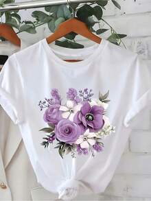 Wo Bohemian Floral T-Shirt With Green And Lavender Pink Leaf Print, Made Of Lightweight And Breathable Fabric, Suitable For Casual And Formal Occasions In Spring And Summer, Soft And Breathable Material, Perfect For Christmas Parties. - 白色 - 查看 1