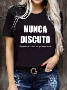 Camiseta gráfica con eslogan español de verano para mujer, top casual y cómodo para uso diarioPure-Cotton - Negro - Ver 8