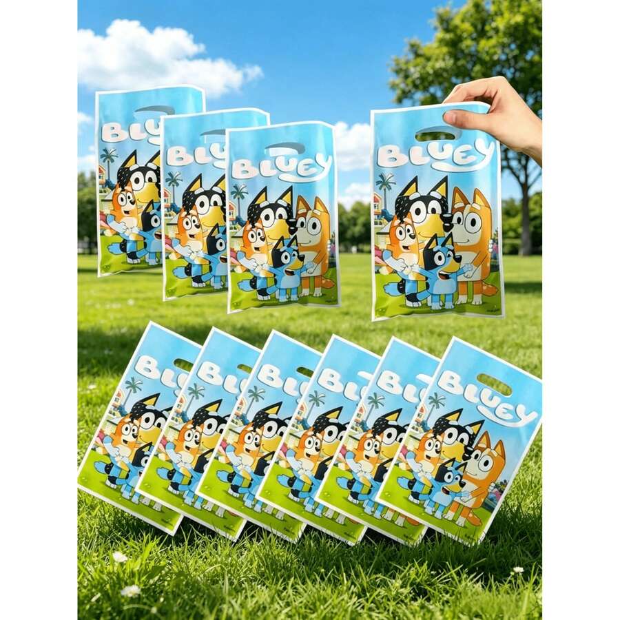 10 piezas Nuevos suministros para fiesta de cumpleaños de Bluey, bolsa de regalo con combinación de dibujos animados de animales, bolsa de regalo de película de aluminio, bolsa de mano, regalo de fiesta, vestimenta de fiesta, bolsa de regalo perfecta para fiesta y decoración festiva, pequeños regalos para fiesta - Multicolor - Ver 1