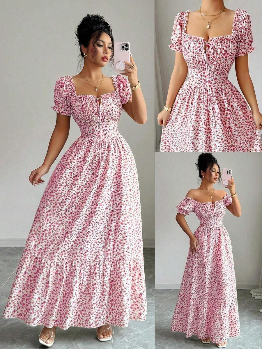 vestido de mujer con estampado digital, mangas abullonadas, nudo delantero, espalda descubierta y cintura ceñida.Elegante y chic para vacaciones, citas, estilizador y adelgazante - Rosa - Ver 1