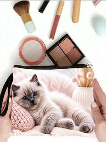 1 Pieza Bolsa de Cosméticos con Estampado de Gato Muñeca Suave y Lindo | Embrague de Gato Suave | Organizador de Artículos de Tocador de Viaje | Regalo Dulce para Mujeres - Multicolor - Ver 7