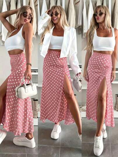 Damska elegancka, casualowa spódnica maxi w czerwone kropki w kształcie litery A, z rozcięciem, z tkaniny tkanej, nieelastyczna, modna na lato, w kolorze różowym