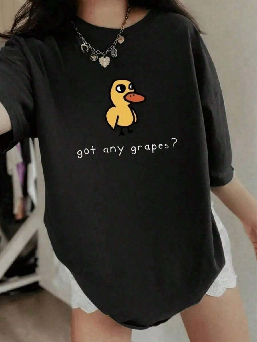 Camiseta Gráfica para Mujer con Estampado de Pato y Eslogan "Got Any Grapes" - Manga Corta, Cuello Redondo, Estilo Casual, Ligera - Negro - Ver 1