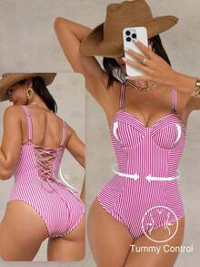 Traje de baño de una pieza con control de abdomen, con cordón, espalda descubierta, a rayas azul y blanco, con efecto push-up, para playa, resort y fiesta - Rosa - Ver 3