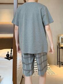 男士休闲短袖短裤睡衣套装，简约口袋时尚印花设计，柔软透气两件套睡衣 - 灰色 - 查看 2