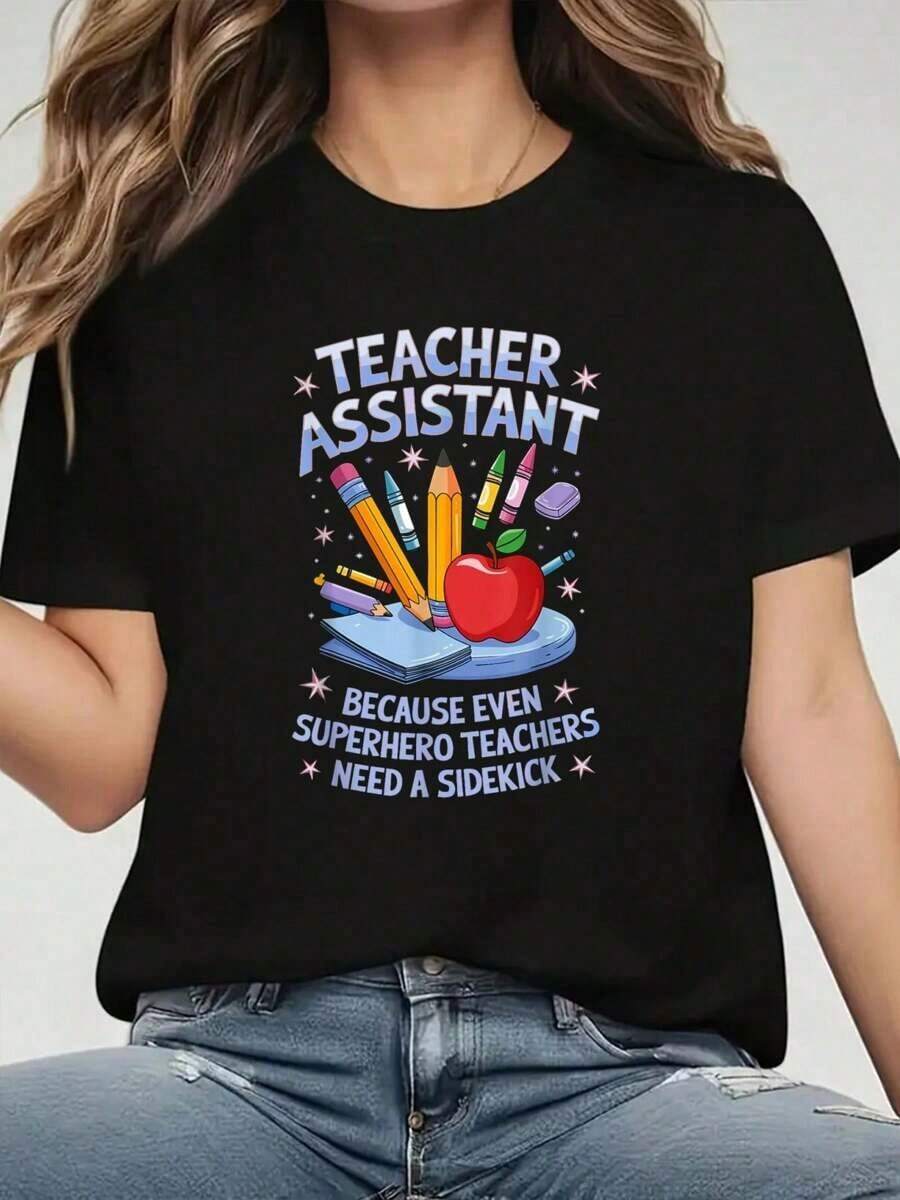 Camiseta 100% Algodón de Acompañante de Superhéroe para Maestros y Asistentes Escolares - Negro - Ver 1