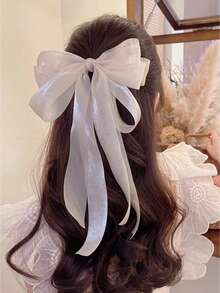 1pc Girls Pearlescent Satin Fabric Ribbon Bow Hair Clip, Spring/Summer New Style Satin Bow Back Head Spring Clip, Suitable For Daily Life Or Vacation - Black - View 2