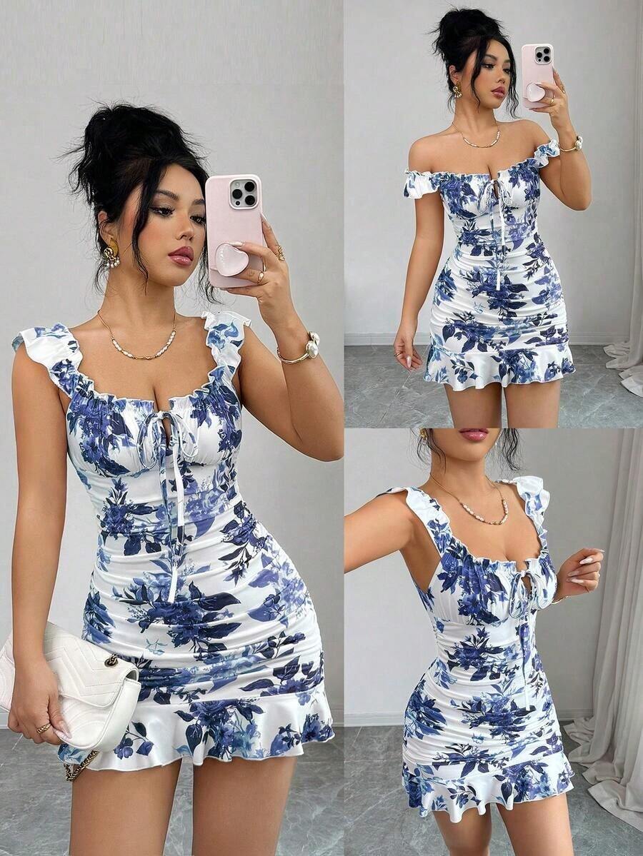 Vestido camisero con volantes en el bajo y hombros descubiertos, estilo vintage con estampado - Vestido entallado de línea A - Gris hierro - Ver 1