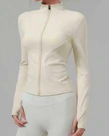 Chaqueta deportiva de forro polar ajustada para otoño e invierno, top para correr y hacer ejercicio al aire libre, chaqueta informal con cuello alto para mujer - café - Ver 1