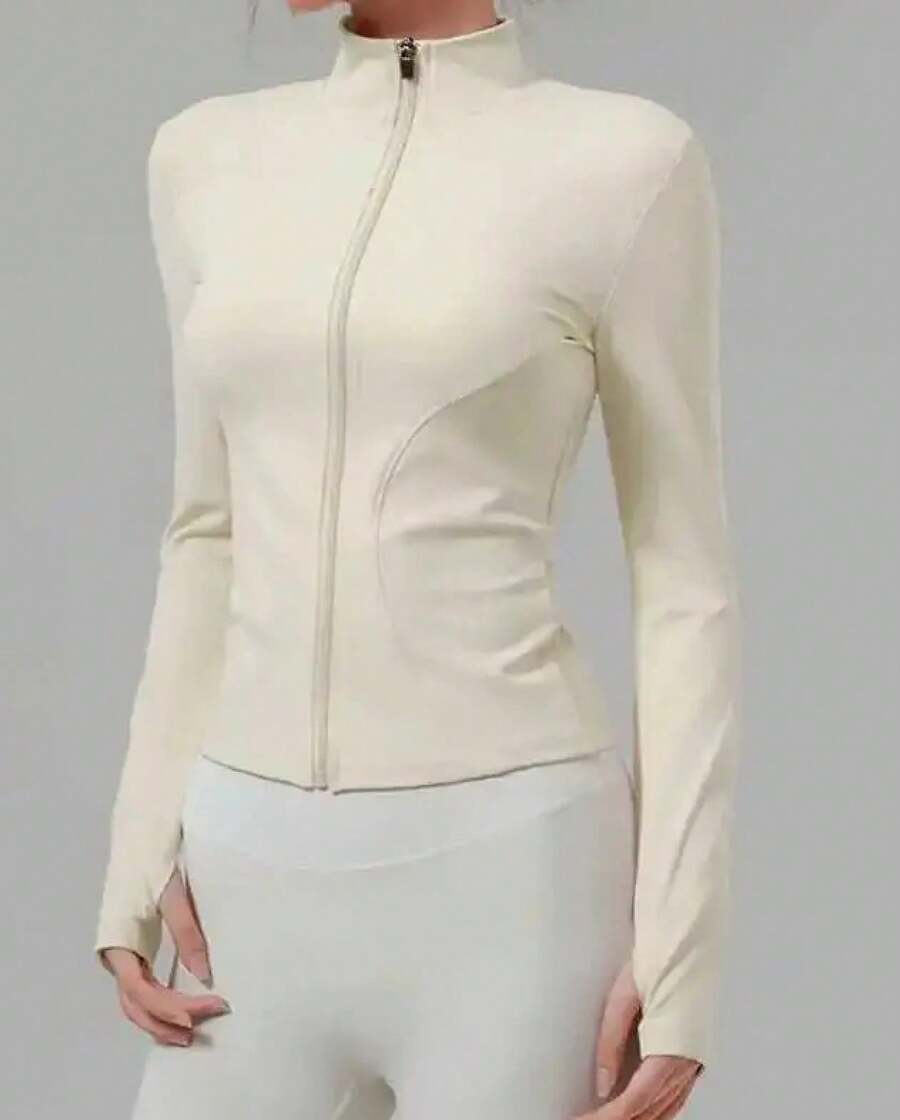 Chaqueta deportiva de forro polar ajustada para otoño e invierno, top para correr y hacer ejercicio al aire libre, chaqueta informal con cuello alto para mujer - café - Ver 1
