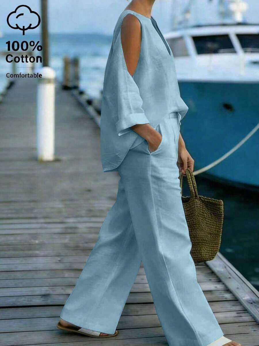 Conjunto de 2 piezas de blusa de hombros descubiertos con cuello en V y pantalones de algodón para mujer - Azul - Ver 1
