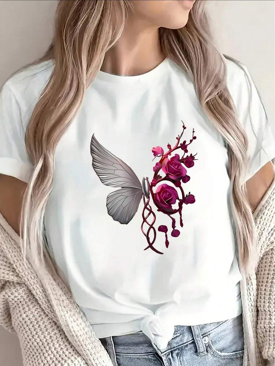 Camiseta de manga corta de poliéster suave, con diseño de mariposas y rosas, ligera y duradera, adecuada para uso casual en casa, en cafeterías o para actividades al aire libre. Cómoda y de buen ajuste para el uso diario. - Blanco - Ver 1