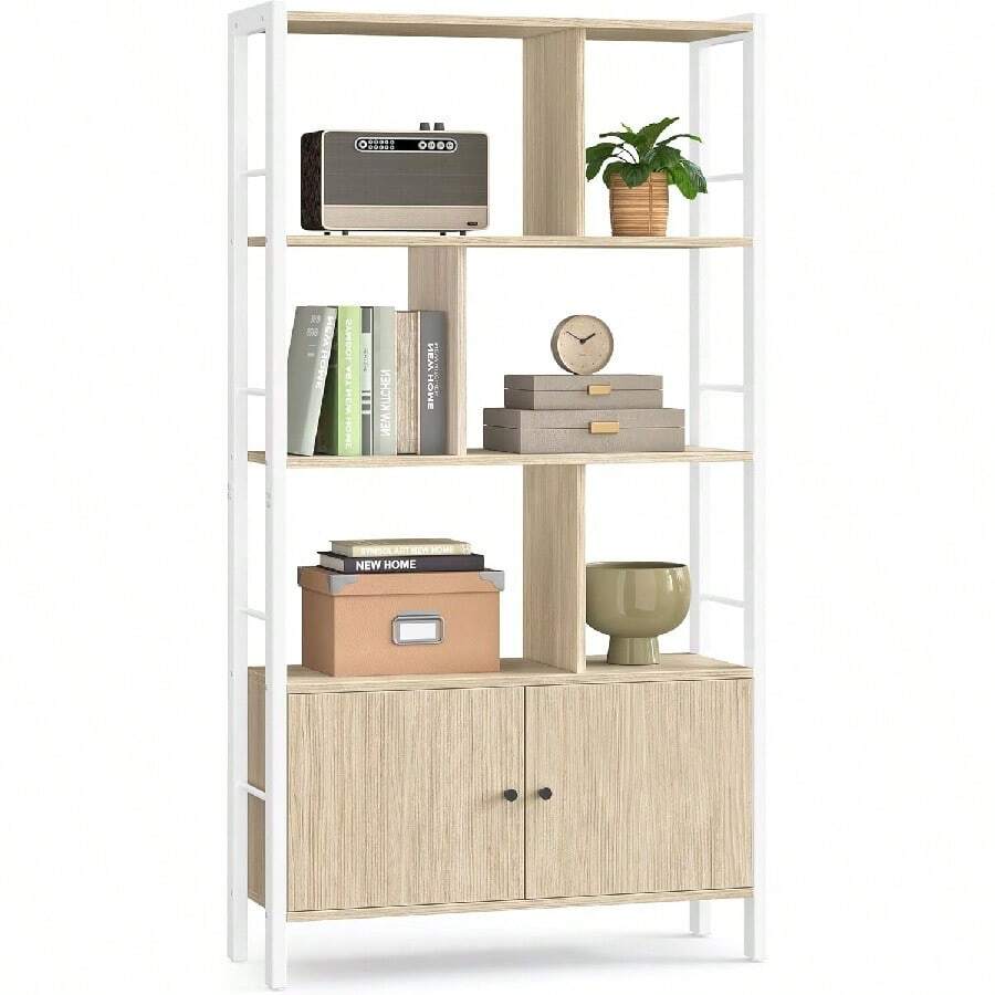 Large Bookshelf 4 Shelves Industrial Style With Doors Steel Structure Rustic Brown Ink Black Storage Shelf For Living Room Office - 自然米色 + 雲白色 - 查看 1
