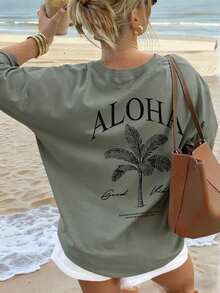 Estilo Y2K, estilo moderno, lo más nuevo de 2026, estilo lindo, estilo casual. Nueva camiseta de manga corta con cuello redondo y estampado de palmeras para mujer, estilo resort moderno, tu artículo esencial diario.Camiseta con Estampado, Tops para Mujer, Vacaciones de Verano 180g (S-XXXL) - Verde - Ver 7