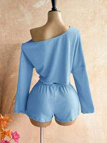 Casual 2-Piece Set Consisting Of A Cropped Top With An Irregular Neckline And Lettuce Hem, And Shorts, In A Solid Color, For Vacation, Spring/Summer - 賽萊斯特 - 查看 9