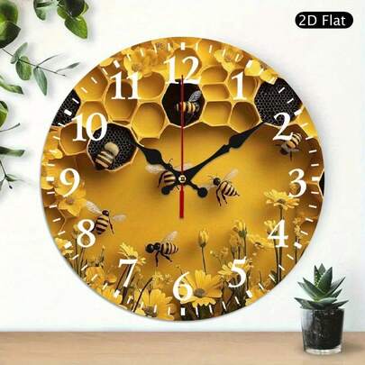 10 Inch Wooden Wall Clock Suitable For - Silent Non-Ticking Battery- Retro Rustic Bee & Flower Print Round Wall Clock With Bee-Themed Hands, Room Decor (Battery Not Included), 2D Flat