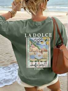 Nueva camiseta rosa de manga corta para mujer, con un estampado gráfico de pintura al óleo colorida y letras, sencilla y elegante.Adecuado para atuendos informales de vacaciones y primavera. - Hierba verde - Ver 5