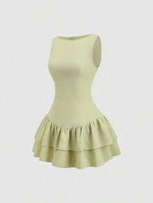 Sweetro Vestido mini de línea A con doble capa de volantes, sin mangas, en estilo vintage, romántico, elegante, juguetón, lindo, bohemio, para festivales de música, vacaciones, citas, trayectos y trabajo, apto para primavera/verano/otoño/invierno - Verde - Ver 3