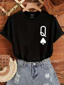 Round Neck T-Shirt With Poker Q Print, 100% Cotton, Casual Short Sleeve T-Shirt For Spring Summer, Women's Clothing - 黑色 - 查看 1